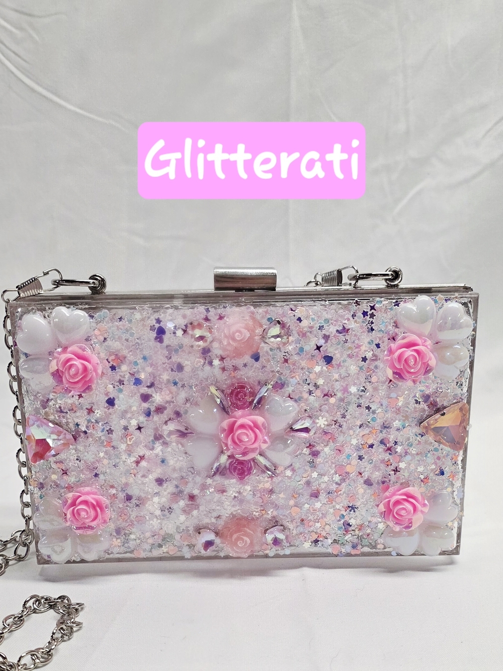 Handmade Pearl Chaos Clear Acrylic Clutch w/ Silver Hardware - Glitterati